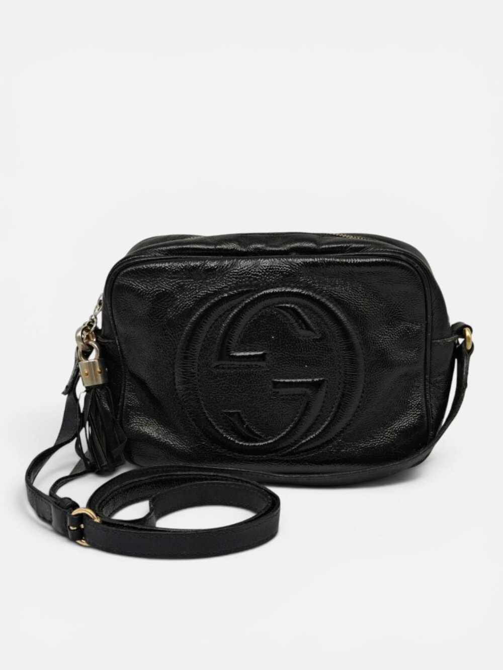 Gucci Soho Disco Black Leather Crossbody Camera Bag Tassel GG Logo